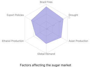 Radar graph illustrating the factors affecting the sugar market in 2024, including global demand, Asian production, drought conditions, Brazil fires, export policies, and ethanol production